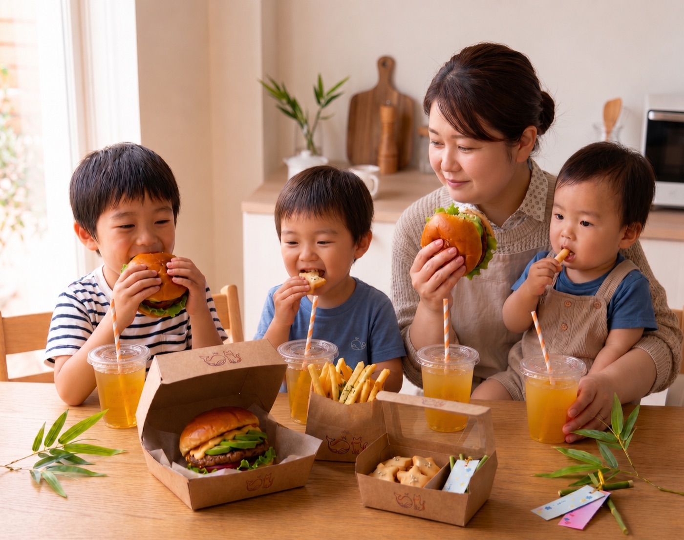 家族でバーガーを楽しむ様子